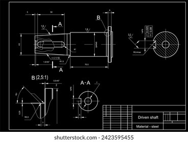 Vector drawing of a steel mechanical part with through holes.
Driven shaft. Engineering technical cad scheme.  Mechanical background.