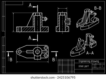 Vector drawing of a steel mechanical part with through holes
and dimension lines.
Engineering cad scheme. Technical template. 3d model. 
Cross section.