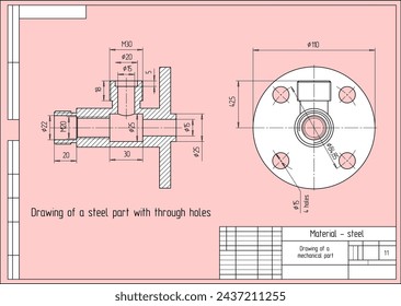 Vector drawing of a steel mechanical part with through holes.
Engineering cad scheme. Mechanic background.