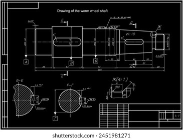 Vector drawing of steel mechanical part with through holes,
dimension lines. Worm wheel shaft. Engineering cad scheme.  Mechanical background.