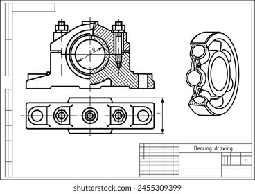 dibujo de Vector de la parte mecánica de acero con orificios pasantes,
líneas de cota. Cojinete deslizante. Esquema de tarjeta de ingeniería. 
Fondo mecánico.