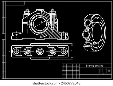 Vector drawing of steel mechanical part with through holes,
dimension lines. Sliding bearing. Engineering cad scheme. 
Mechanical background.
