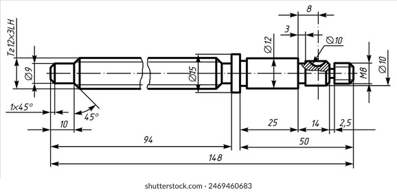 Vector drawing of steel mechanical part with through holes,
dimension lines. Worm wheel shaft. Engineering cad scheme.  Mechanical background.