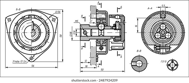 Vector drawing of a steel mechanical part with through holes
and dimension lines. Engineering cad scheme. Technical template.