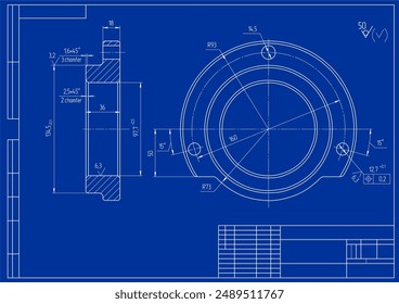 
Dibujo en Vector de una pieza mecánica de acero con orificios pasantes. Esquema de tarjeta de ingeniería. Fondo mecánico.