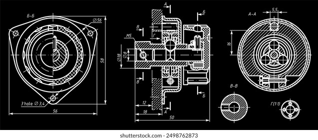 Dibujo de Vector de una pieza mecánica de acero con orificios pasantes
y líneas de cota.
Esquema de la tarjeta de ingeniería. Plantilla técnica.