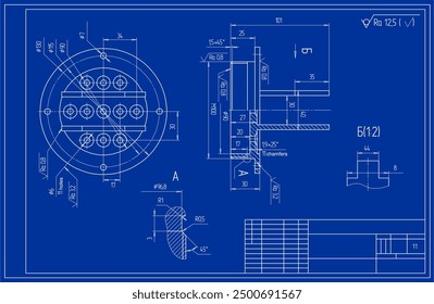 Vector drawing of a steel mechanical part with through holes.
Engineering cad scheme. Technical background. Machine design.