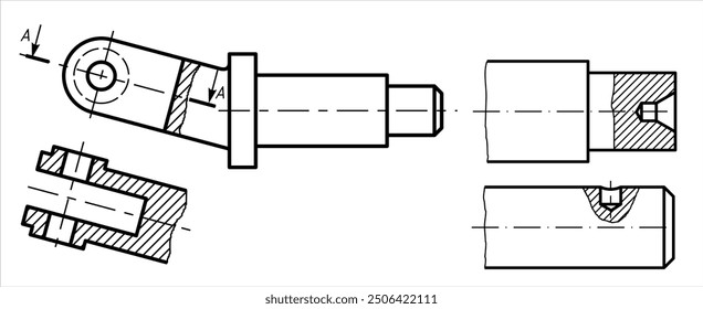 Vector drawing of steel mechanical part with through holes
 on white sheet of paper.
Engineering cad scheme. Technical template. Cross section.