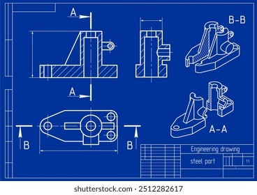 Dibujo de Vector de una pieza mecánica de acero con orificios pasantes
y líneas de cota.
Esquema de la tarjeta de ingeniería. Plantilla técnica. Modelo 3D. Sección transversal.