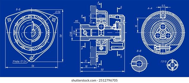 Vektorgrafik des mechanischen Stahlteils mit Durchgangslöchern
und Maßlinien.
CAD-Schema. Technische Computervorlage.