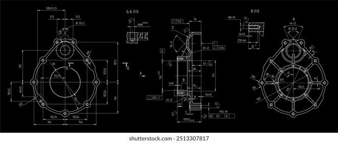 Vector drawing of steel mechanical part with through holes
and dimension lines.
Engineering cad scheme. Technical computer template.