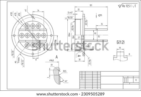 Vector drawing of a steel mechanical part with through holes.
Engineering cad scheme. Technical background.