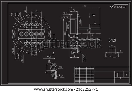 Vector drawing of a steel mechanical part with through holes.
Engineering cad scheme. Technical background.