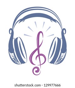 Vector drawing of stereo headphone and treble clef.