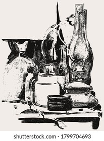 Vector drawing of still life with old kerosene lamp and kitchen utensils