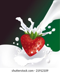 Vector drawing of strawberry in the form of the heart and milk splash