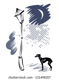 Vector drawing of a street lamp, stray dog, night sky and moon.