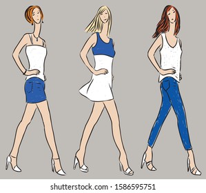 Vector drawing of striding slender women in denim summer clothing