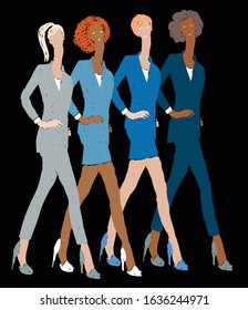 Vector drawing of striding young business women in classic suits