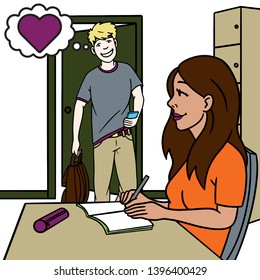 Vector drawing of a student who enters the class and looks at a girl in love. colorful, school, education, red, puperty, isolated, heart, smartphone.