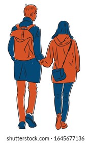 Vector drawing of students couple walking along street