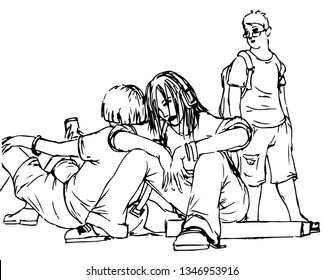 Vector drawing of students having a break