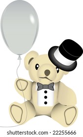 vector drawing of a stuffed bear wearing a black top hat and bow tie while holding a silver balloon. This image is for the new year holiday season.