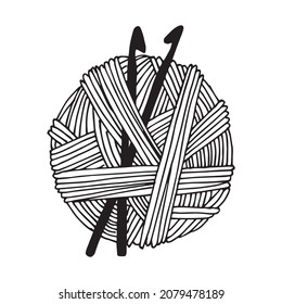 vector drawing in the style of doodle. a ball of wool for knitting and crocheting and two crochet hooks. black and white graphic drawing, symbol of needlework, hobby, home life. Love, relationships