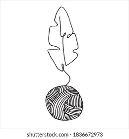 vector drawing in the style of doodle. balls of yarn for knitting and plant leaves. one line drawing, minimalistic logo of knitting, handmade, crochet. eco-friendly product, recycling