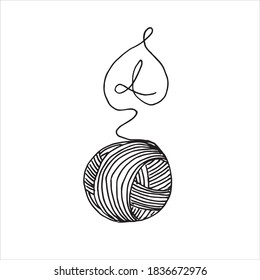 vector drawing in the style of doodle. balls of yarn for knitting and plant leaves. one line drawing, minimalistic logo of knitting, handmade, crochet. eco-friendly product, recycling