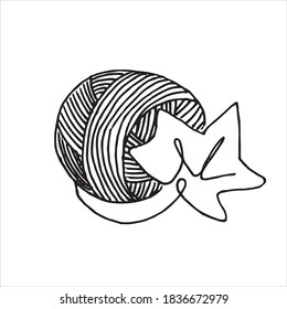dibujo vectorial al estilo de doodle. bolas de hilados para tejer y plantar hojas. dibujo de una línea, logotipo minimalista de tejido, hecho a mano, crochet. producto ecológico, reciclado
