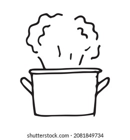 vector drawing in the style of doodle. a boiling pan. metal pan for cooking food with steam over it, kitchen utensils