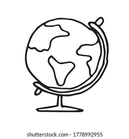 vector drawing in the style of doodle, cartoon. cute drawing globe. isolated on white background. travel and tourism clipart. school globe, education, geography, back to school.