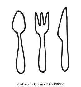 vector drawing in the style of doodle. fork, spoon and knife. simple drawing of cutlery.