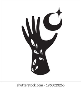 vector drawing in the style of doodle. hand moon and star, mystical symbol, celestial bodies, witchcraft, esotericism. black and white sketch in vintage style