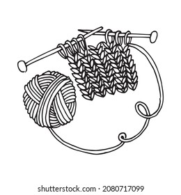Vector Drawing In The Style Of Doodle. Knitting. Clew For Knitting And Knitting Needles, Crochet. Hobby Symbol, Needlework, Homework.