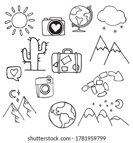
vector drawing in the style of doodle. set of travel, vacation, tourism symbols. graphic icons of mountains, sun, suitcase, camera. tourist accessories.