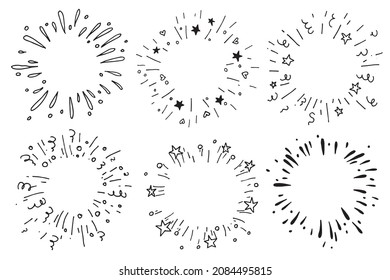 vector drawing in the style of doodle. set of explosions, fireworks. festive fireworks with stars and streamers