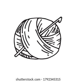 
dibujo vectorial al estilo de doodle. un hilado de hilo para tejer y un gancho para crochet. dibujo simple de una bola de hilo para crocheting. símbolo de artesanía, deberes, hobby. Me encanta tejer.