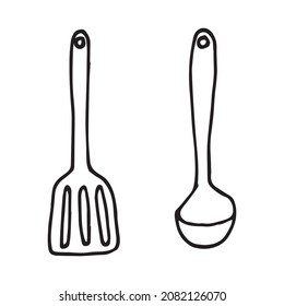 vector drawing in the style of doodle. steamer, kitchen spatula, whisk for beating. simple drawing of kitchen utensils.