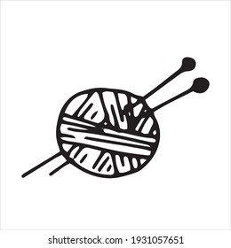 Vector Drawing In The Style Of Doodle Wool Ball. A Ball Of Wool For Knitting, Crocheting. Simple Line Drawing, Logo, Icon