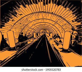 Vektorgrafik im Stil der Noir - Passagiere steigen in die U-Bahn auf der Rolltreppe hinab