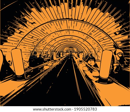 Vector drawing in the style of noir - passengers descend into the subway on the escalator