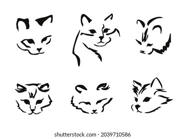 Vector drawing of a stylized cat with long hair. Mix of Angora cat with Persian cat. Animal gestalt design. Image set
