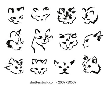 Vector drawing of a stylized cat with long hair. Mix of Angora cat with Persian cat. Animal gestalt design. Image set