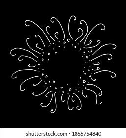 vector drawing stylized explosion of a star hand-drawn in Doodle style white outline on a black background isolated element for design. A Doodle with a white space in the middle and circles and