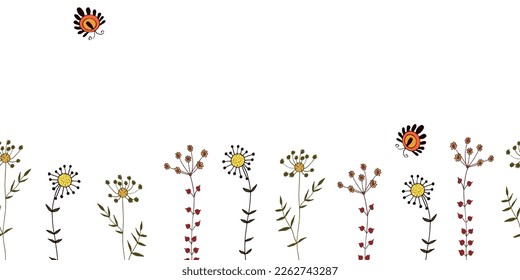 Vector drawing of stylized flowers. Seamless border.