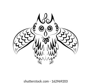 The vector drawing of stylized owl. Calligraphic sketch.