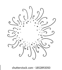 vector drawing stylized sun hand-drawn in the style of doodle black line on a white background isolated element for design. Doodle with white space in the middle and circles and squiggles radially