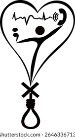 vector drawing of suicide prevention awareness with a human in a heart holding a depression symbol in one hand and a phone in the other with a heart beat rhythm above and a hangman rope below with x